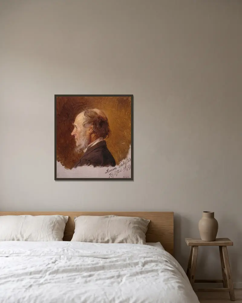 Porträtt av Simon Toldstad. Studie av Adolph Tidemand inramad på en vägg