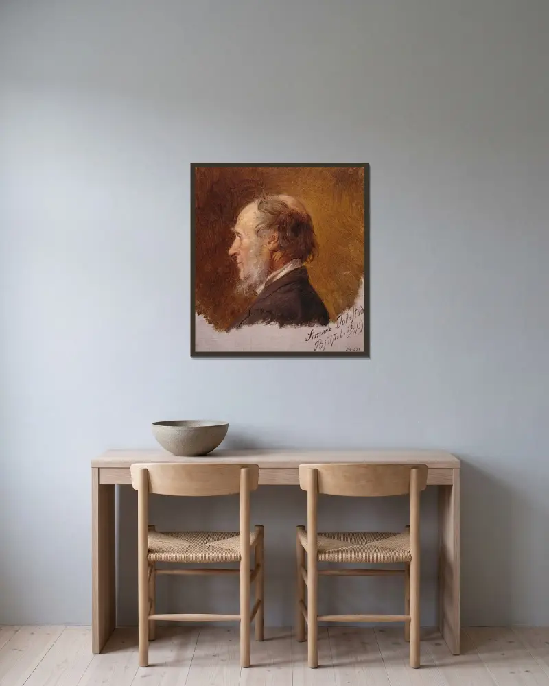 Porträtt av Simon Toldstad. Studie av Adolph Tidemand inramad på en vägg