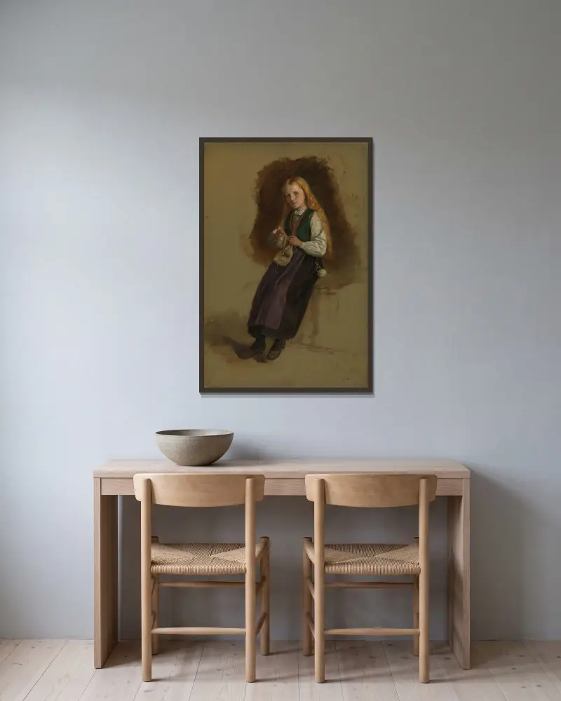 Portrait of Syneve Larsdatter from Vikør av Adolph Tidemand inramad på en vägg