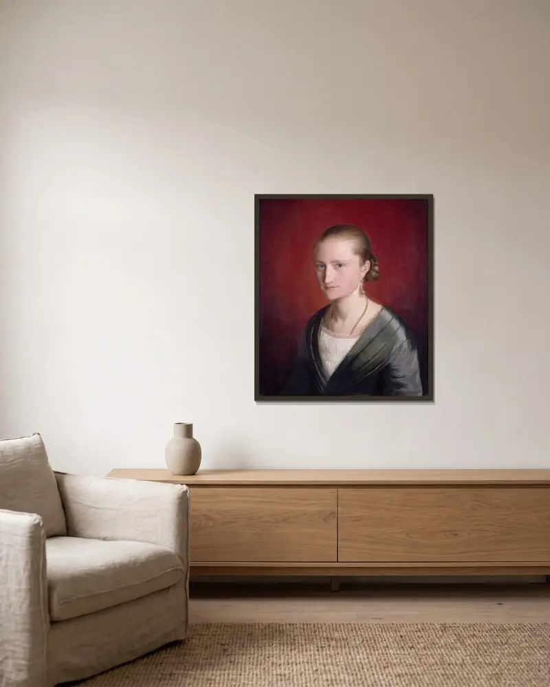 Porträtt av Claudine Jaeger av Adolph Tidemand inramad på en vägg