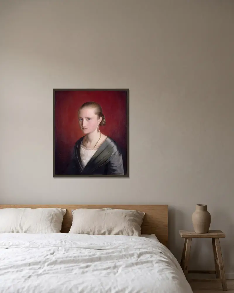 Porträtt av Claudine Jaeger av Adolph Tidemand inramad på en vägg