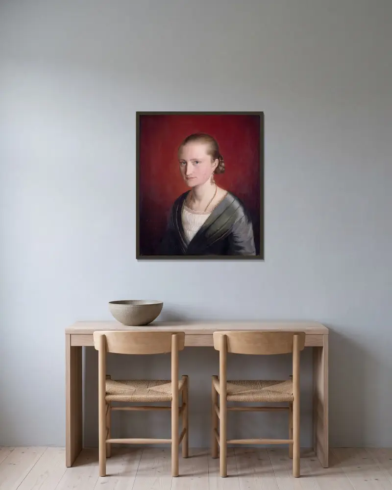 Porträtt av Claudine Jaeger av Adolph Tidemand inramad på en vägg