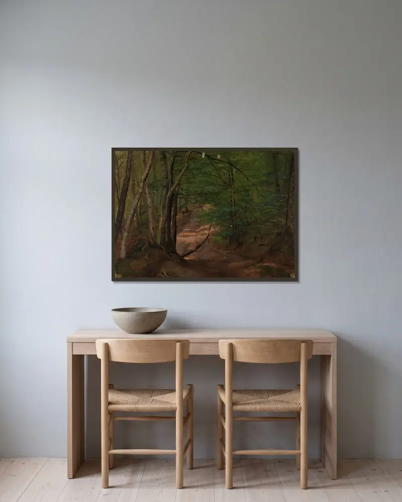 Väg i skogen av Adolph Tidemand inramad på en vägg