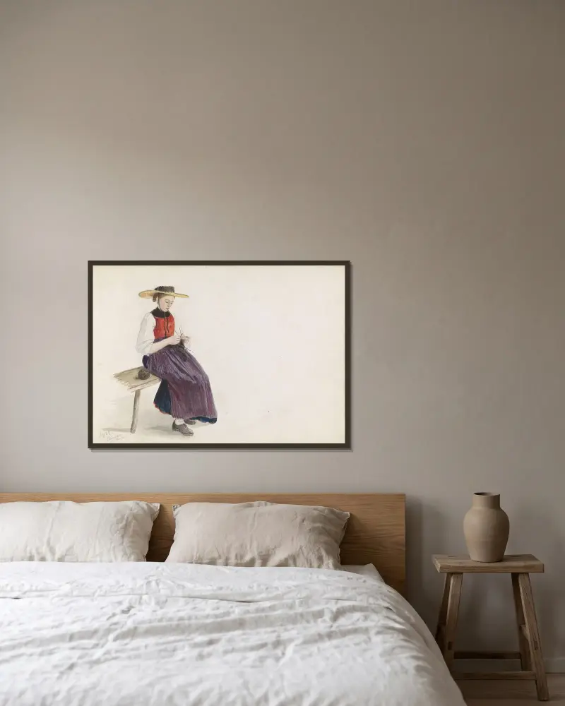 Stickande ung flicka med bred hatt, Meiringen av Adolph Tidemand inramad på en vägg