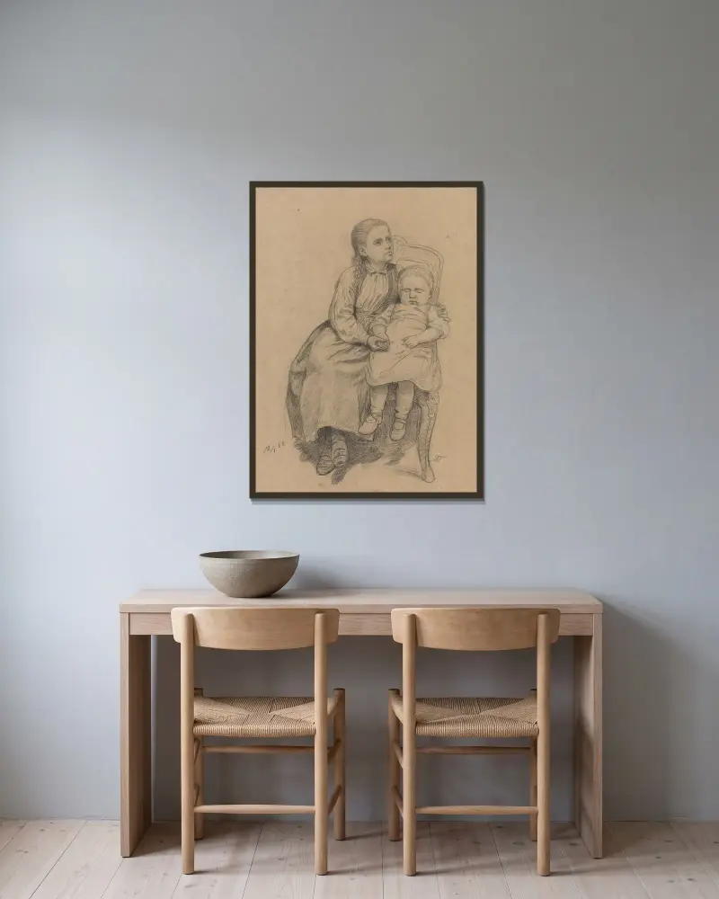 Ung pike med lite barn av Adolph Tidemand inramad på en vägg
