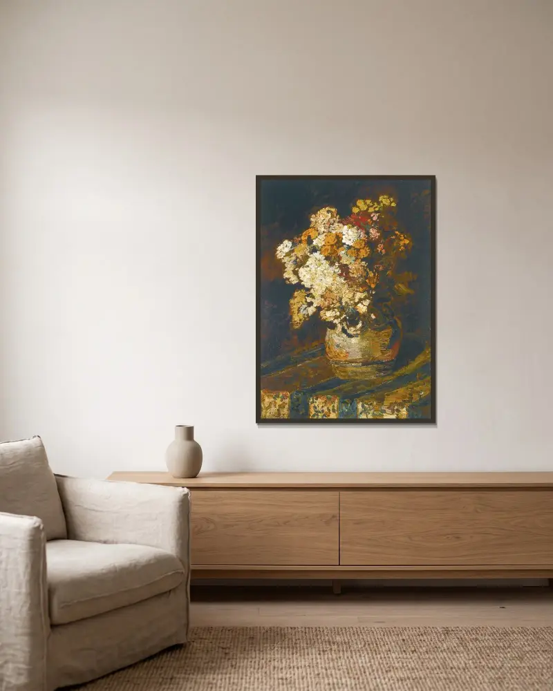 Diverse blommor av Adolphe Monticelli inramad på en vägg