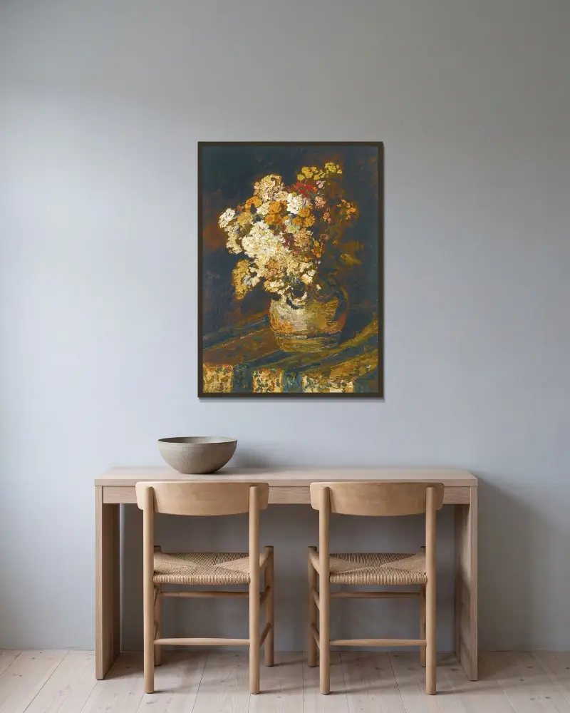 Diverse blommor av Adolphe Monticelli inramad på en vägg