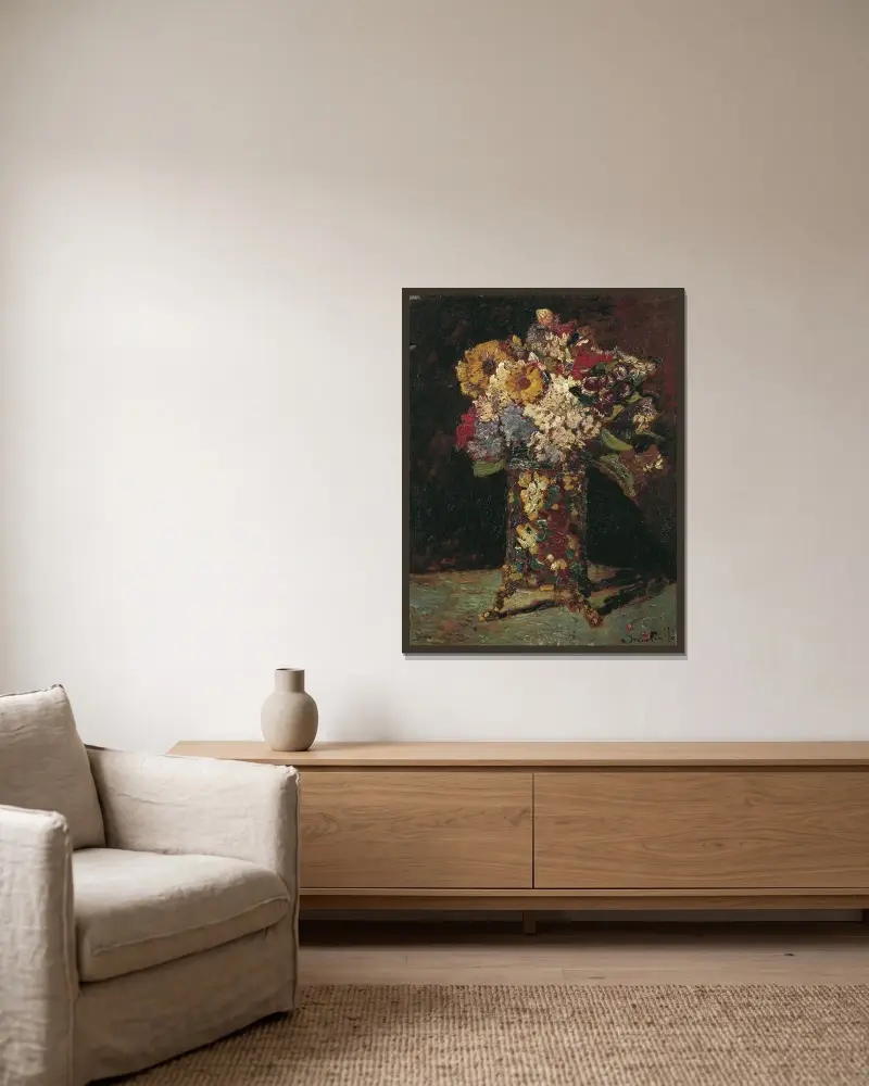 Blomsterstilleben av Adolphe Monticelli inramad på en vägg