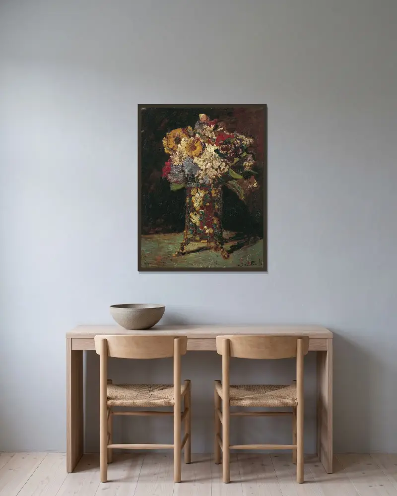 Blomsterstilleben av Adolphe Monticelli inramad på en vägg