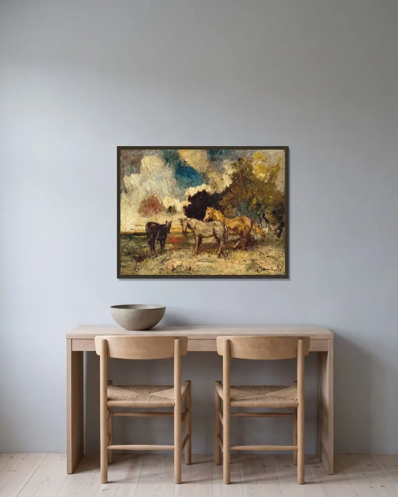 De tre hästarna av Adolphe Monticelli inramad på en vägg