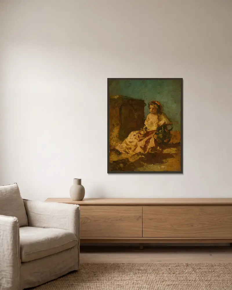 Meditation (Sitzende Frau) von Adolphe Monticelli gerahmt an einer Wand