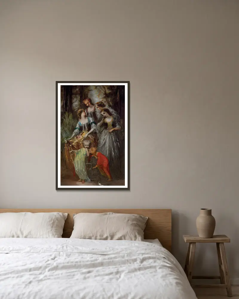 The Empress Eugénie and her attendants av Adolphe Monticelli inramad på en vägg