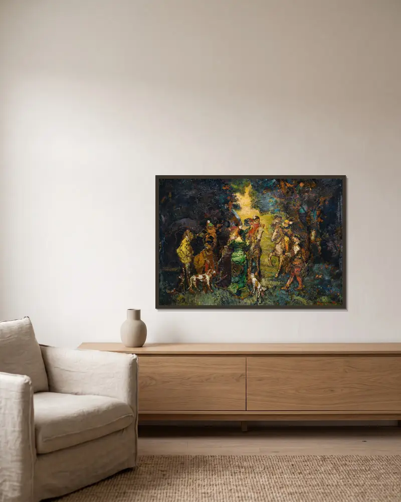 The Hunting Meeting av Adolphe Monticelli inramad på en vägg