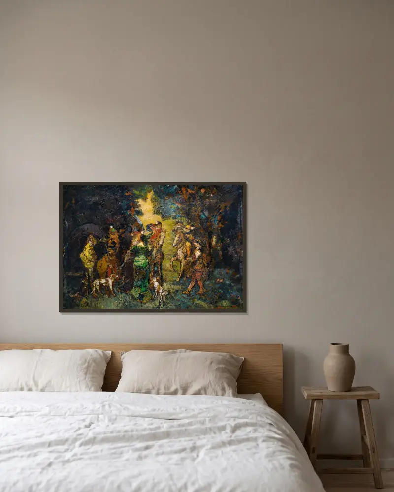 The Hunting Meeting av Adolphe Monticelli inramad på en vägg