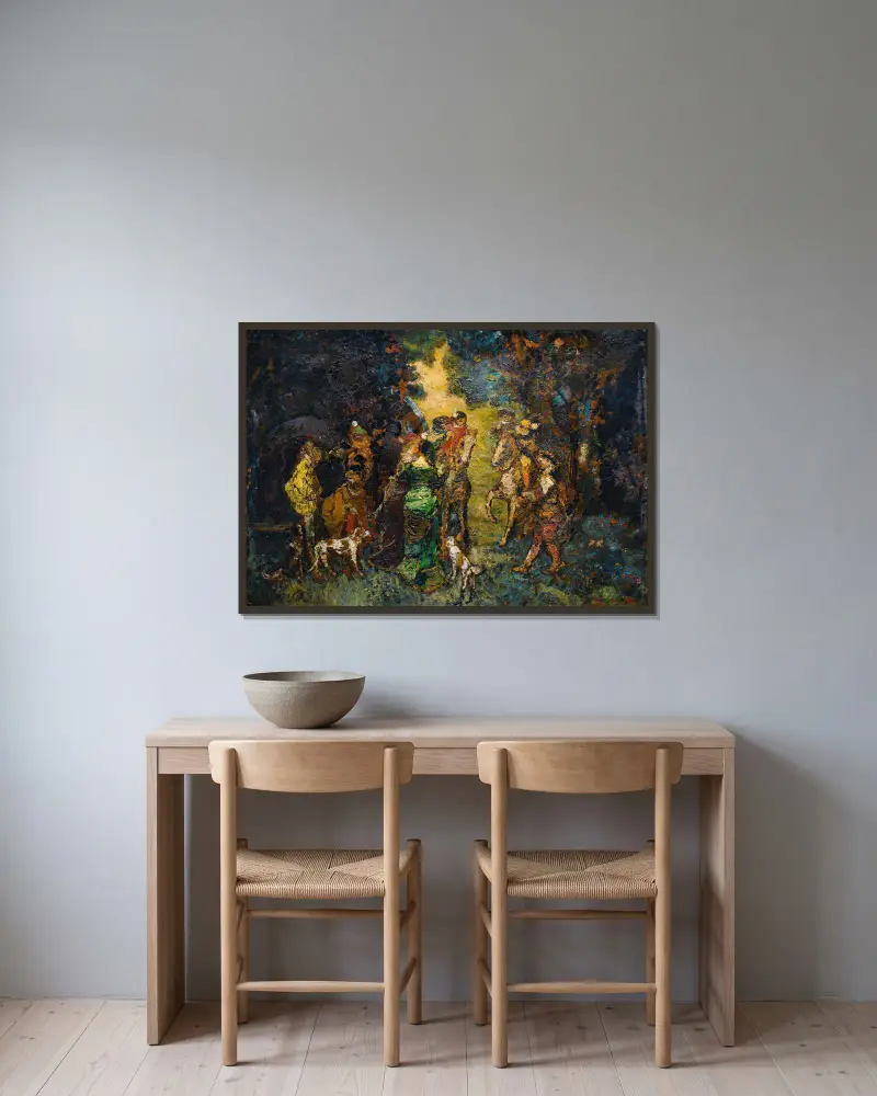 The Hunting Meeting av Adolphe Monticelli inramad på en vägg
