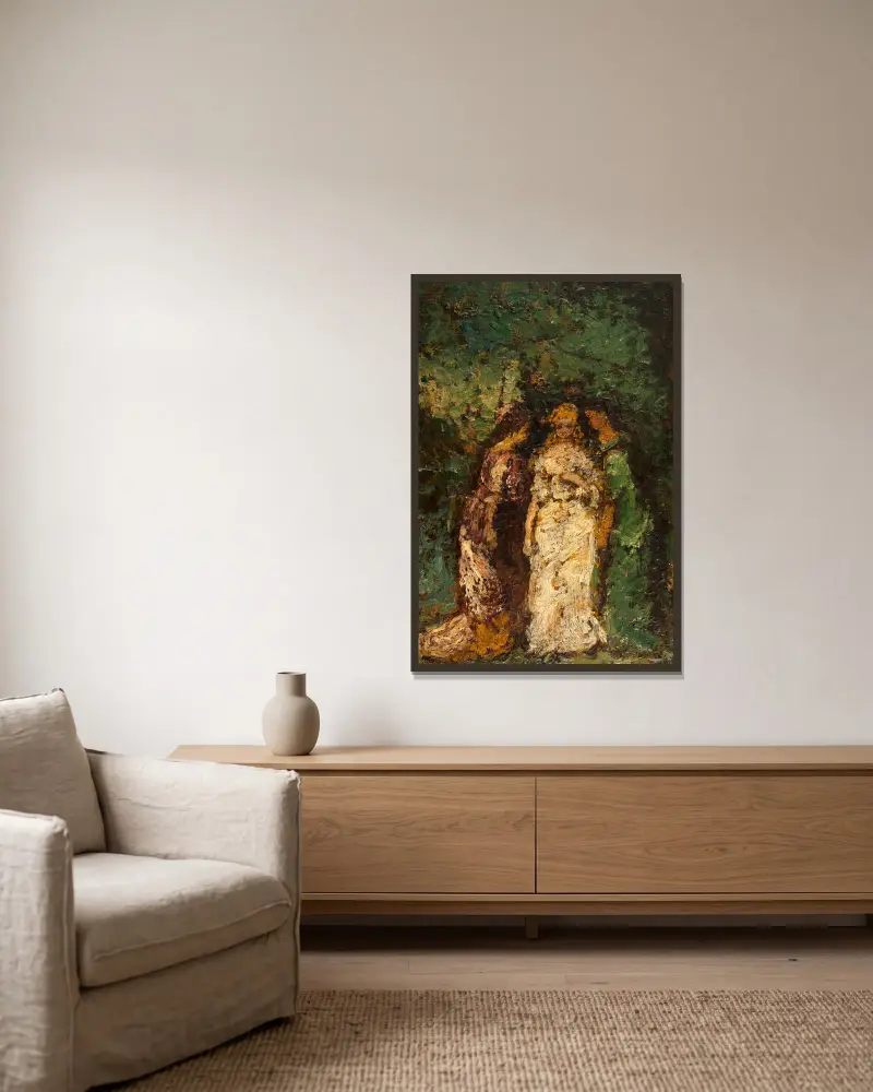 Trois femmes sous les arbres av Adolphe Monticelli inramad på en vägg