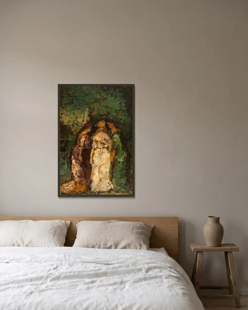 Trois femmes sous les arbres av Adolphe Monticelli inramad på en vägg