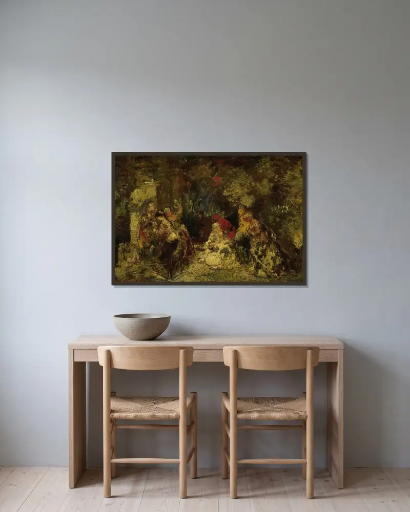 Kvinnor i en skog av Adolphe Monticelli inramad på en vägg