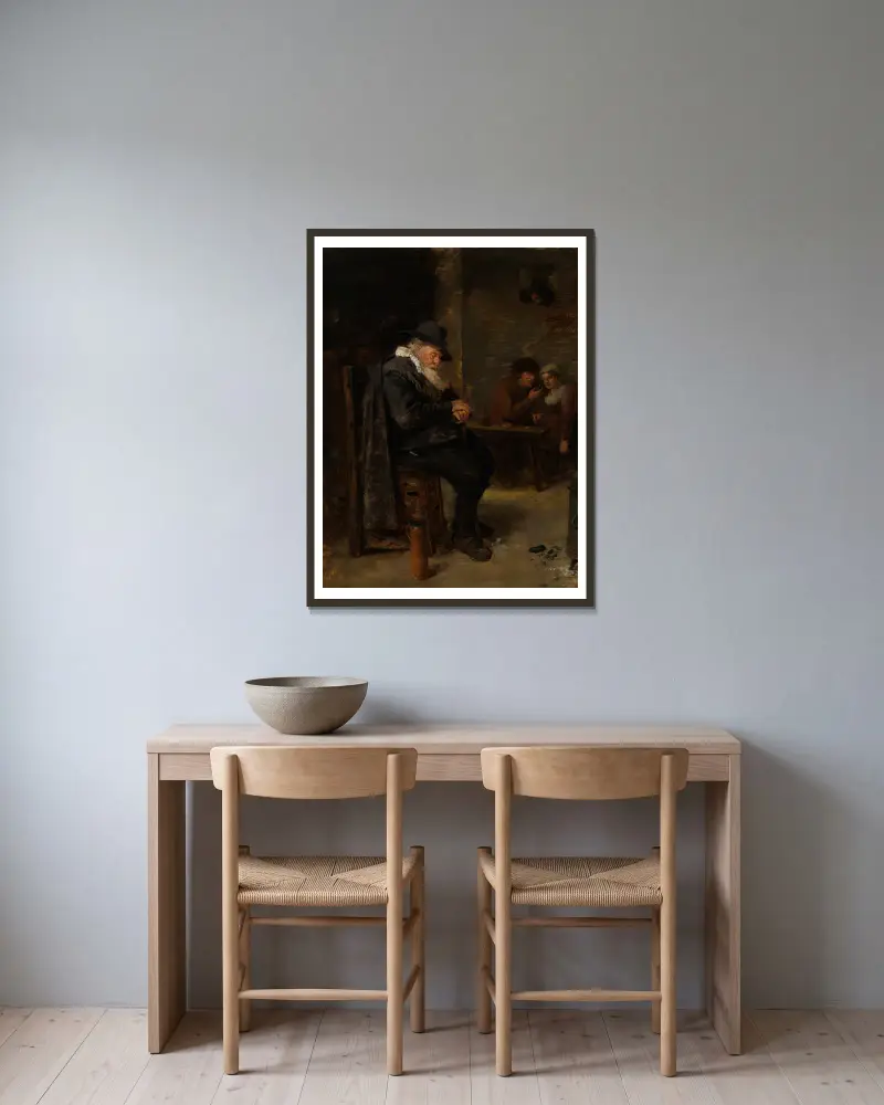 An Old Man in a Tavern av Adriaen Brouwer inramad på en vägg