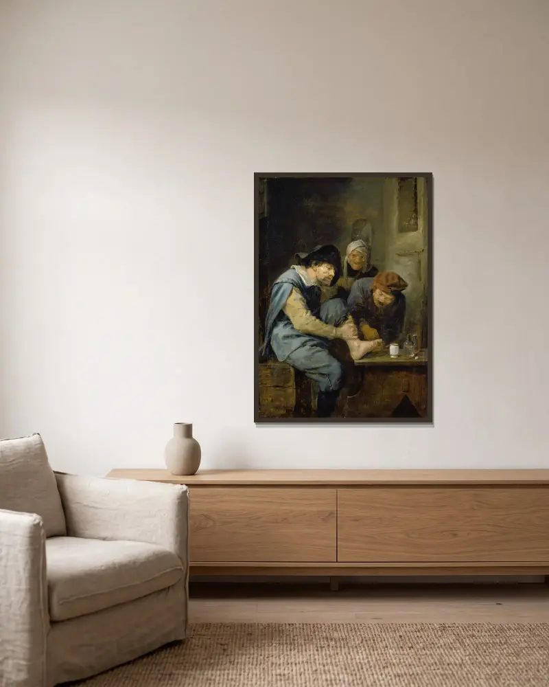 Die Fußoperation von Adriaen Brouwer gerahmt an einer Wand