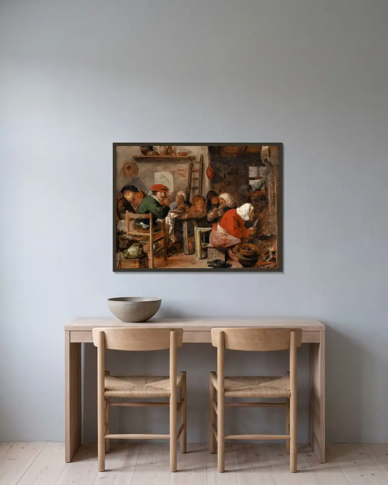Woman Making Pancakes av Adriaen Brouwer inramad på en vägg