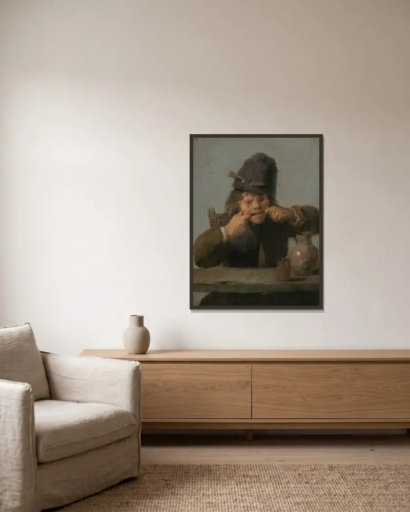 Jugendlicher, eine Grimasse schneidend von Adriaen Brouwer gerahmt an einer Wand