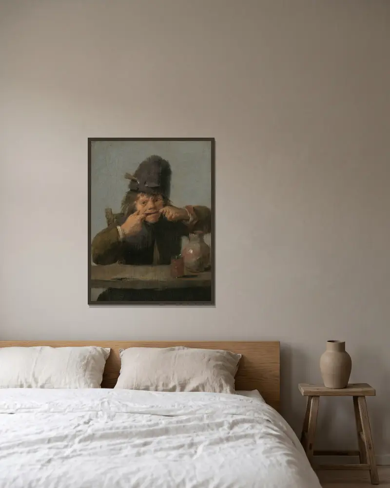Jugendlicher, eine Grimasse schneidend von Adriaen Brouwer gerahmt an einer Wand