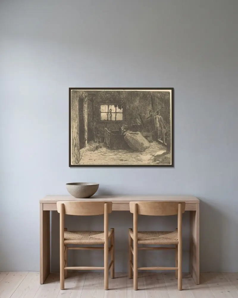 Interieur einer Scheune von Willem Adrianus Grondhout gerahmt an einer Wand