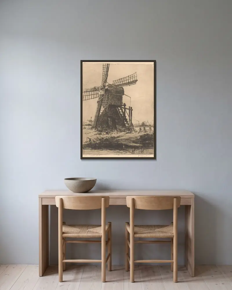Molen aan het water bij Leiden av Willem Adrianus Grondhout inramad på en vägg