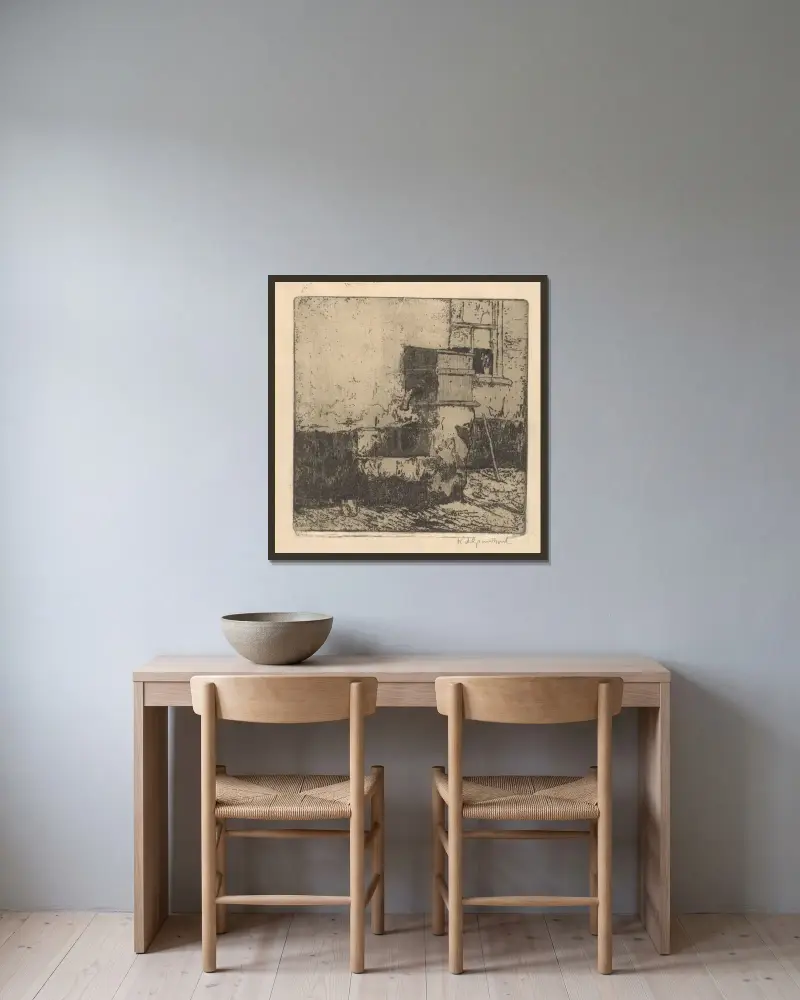 Vattenpump vid ett hus i Voorburg av Willem Adrianus Grondhout inramad på en vägg