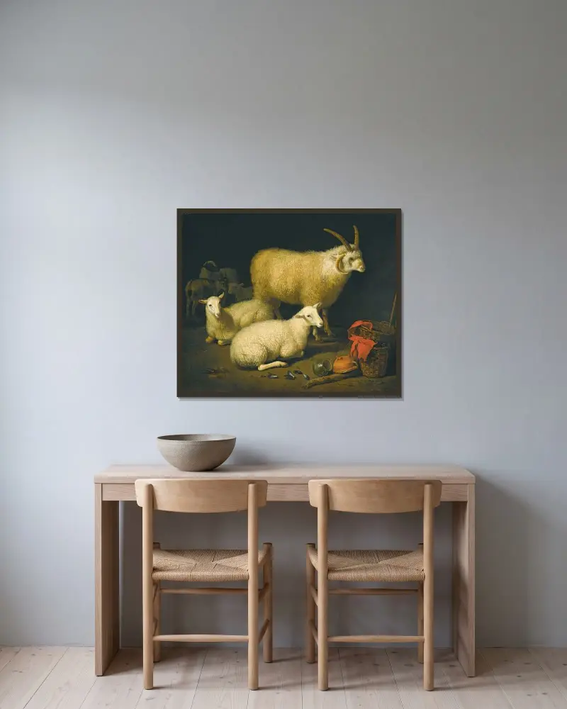 Ladugårdsinteriör med bagge och får av Aelbert Cuyp inramad på en vägg