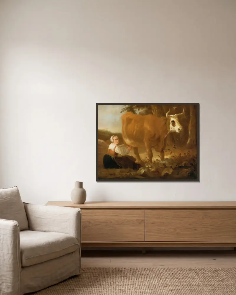 A Milkmaid With A Cow av Aelbert Cuyp inramad på en vägg