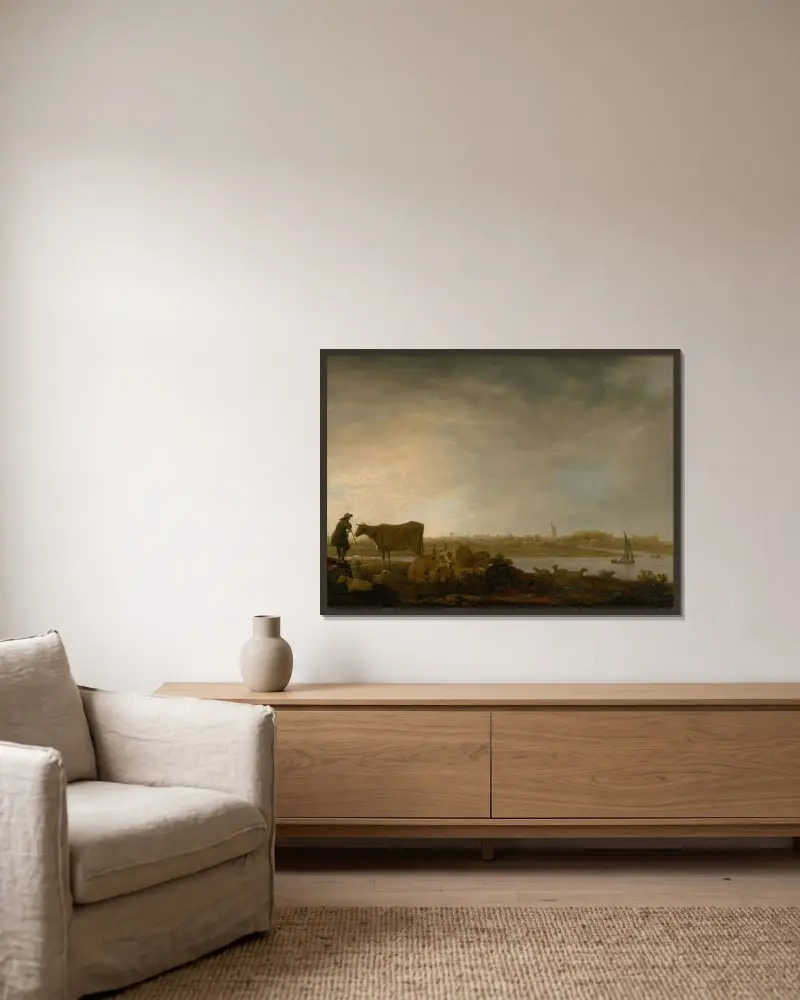 Ansicht von Vianen mit Hirten und Vieh am Fluss von Aelbert Cuyp gerahmt an einer Wand