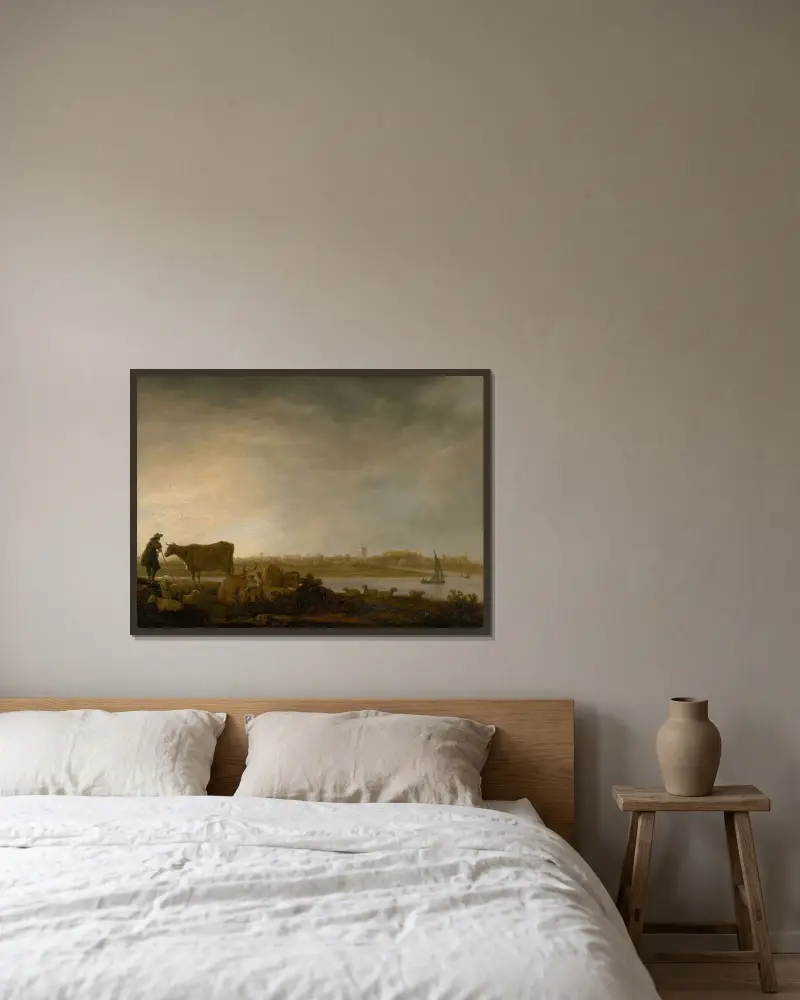Ansicht von Vianen mit Hirten und Vieh am Fluss von Aelbert Cuyp gerahmt an einer Wand