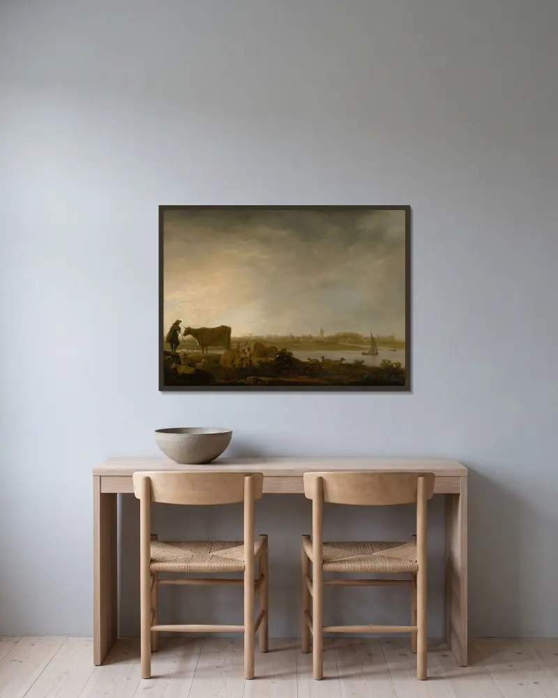 Ansicht von Vianen mit Hirten und Vieh am Fluss von Aelbert Cuyp gerahmt an einer Wand