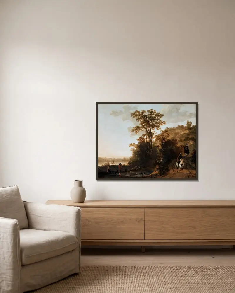 En kvällsritt nära en flod av Aelbert Cuyp inramad på en vägg