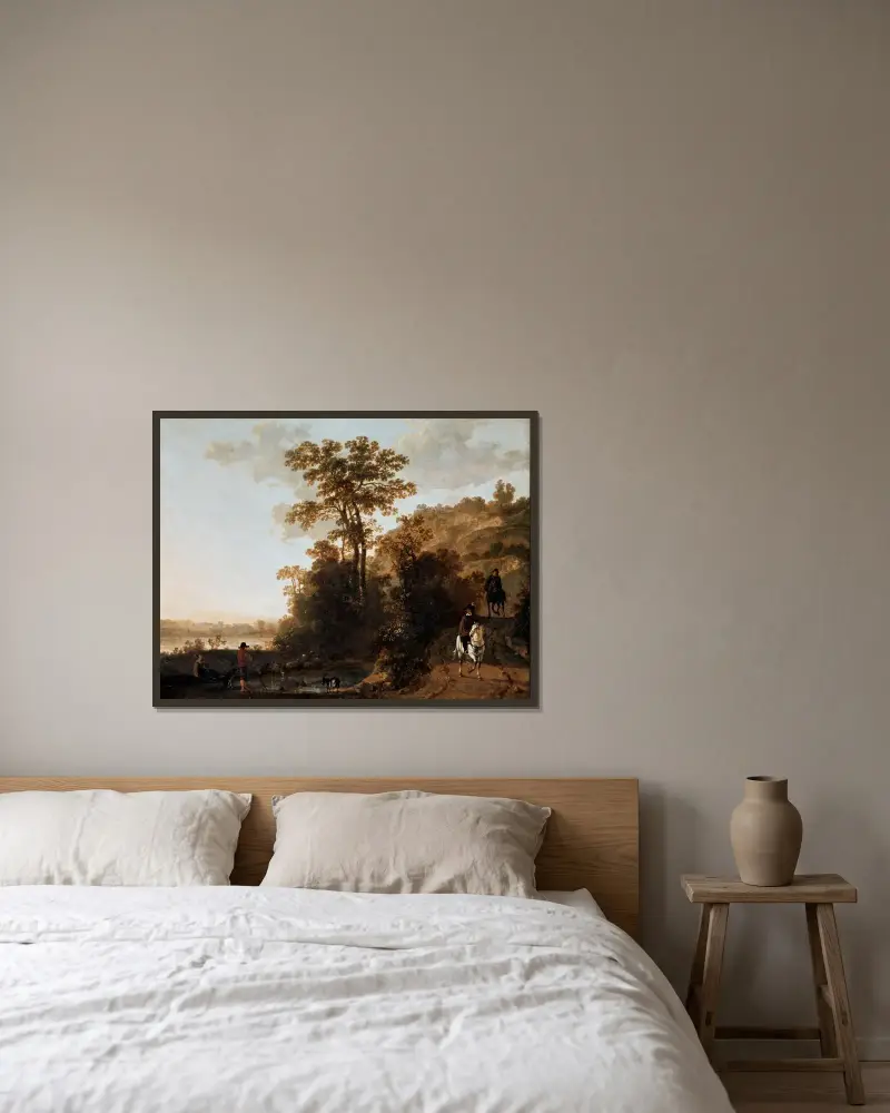 En kvällsritt nära en flod av Aelbert Cuyp inramad på en vägg