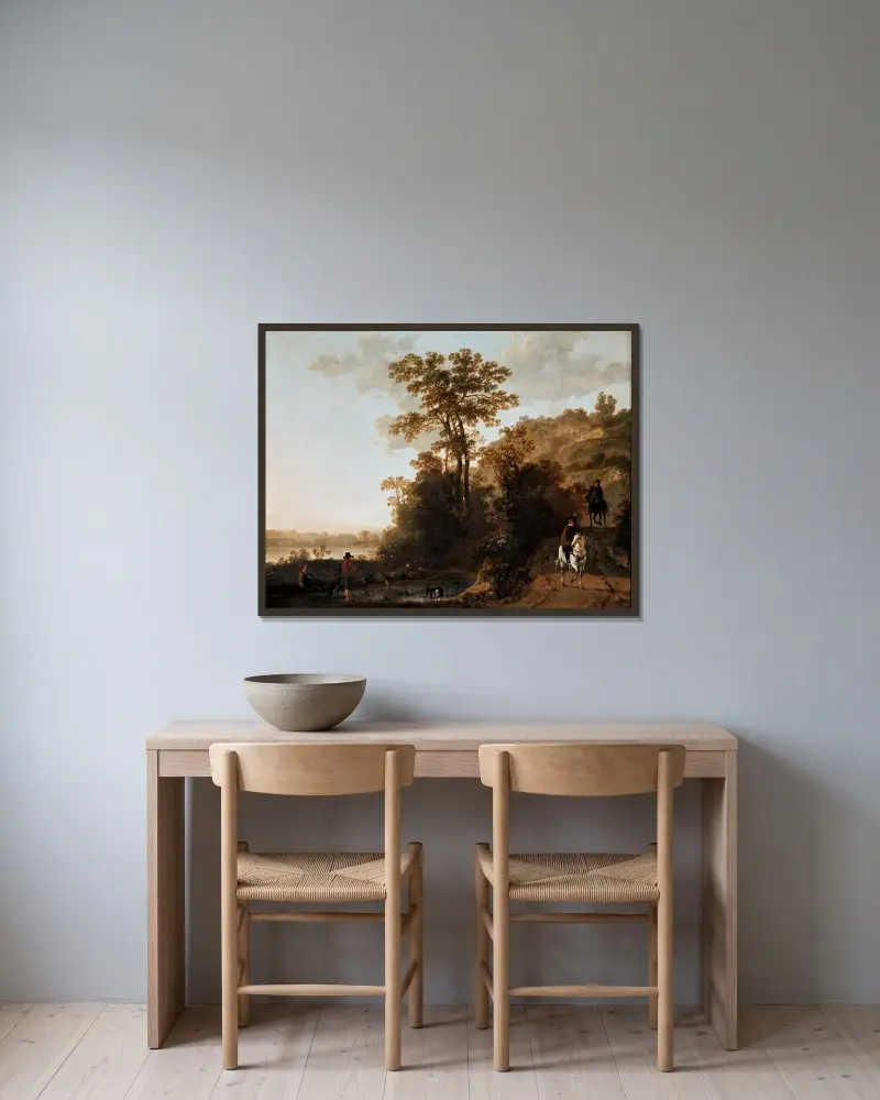 En kvällsritt nära en flod av Aelbert Cuyp inramad på en vägg