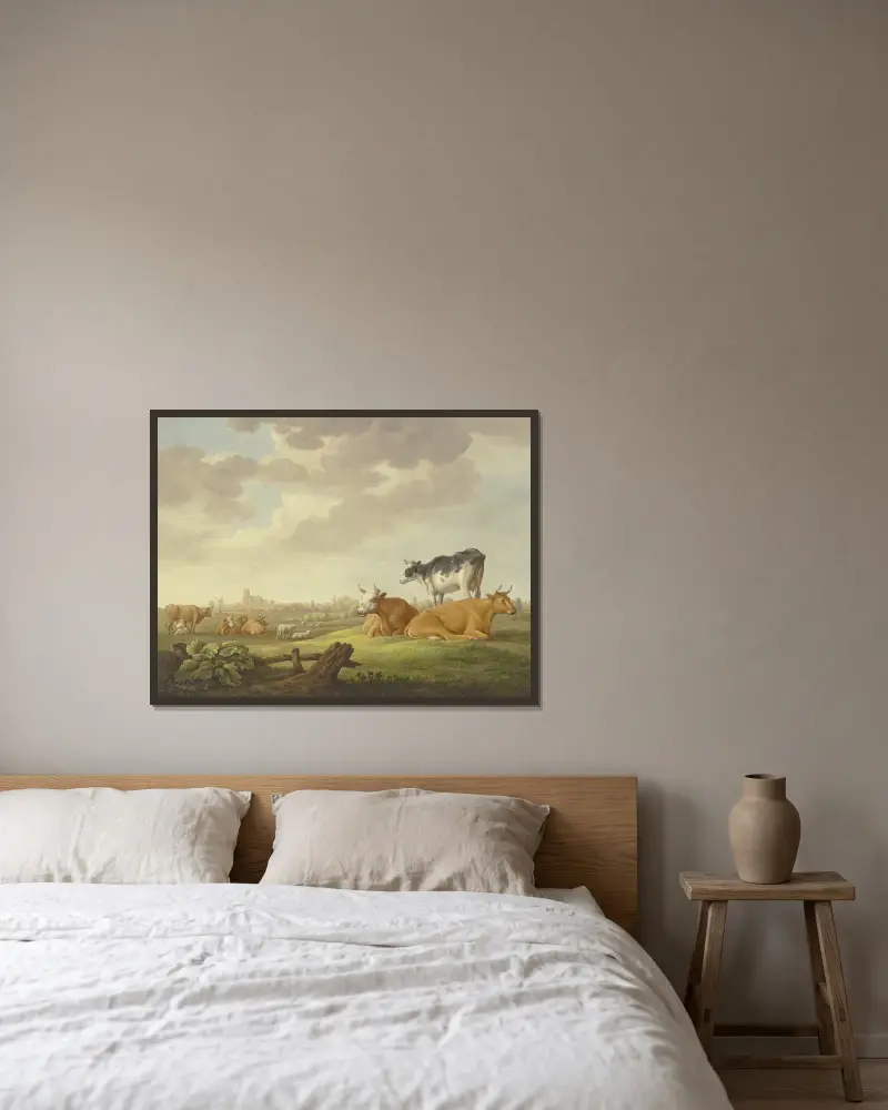 Kor och får på en äng, i fjärran en stad, till vänster en mjölkerska av Aelbert Cuyp inramad på en vägg
