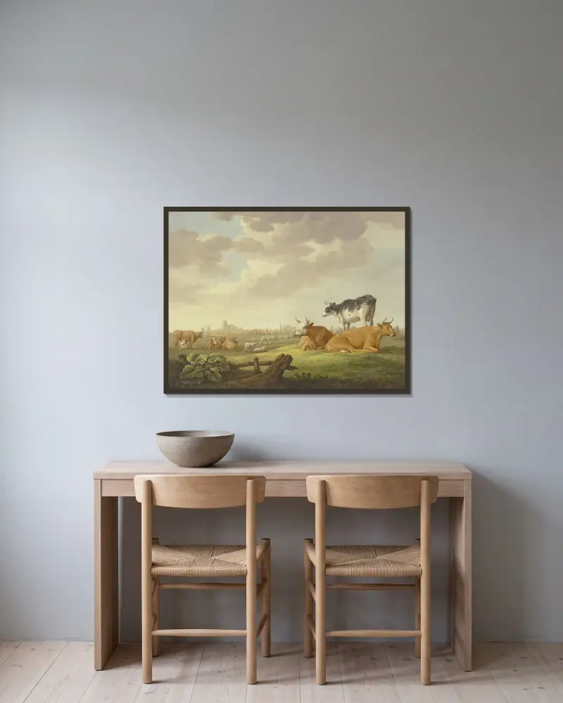 Kor och får på en äng, i fjärran en stad, till vänster en mjölkerska av Aelbert Cuyp inramad på en vägg