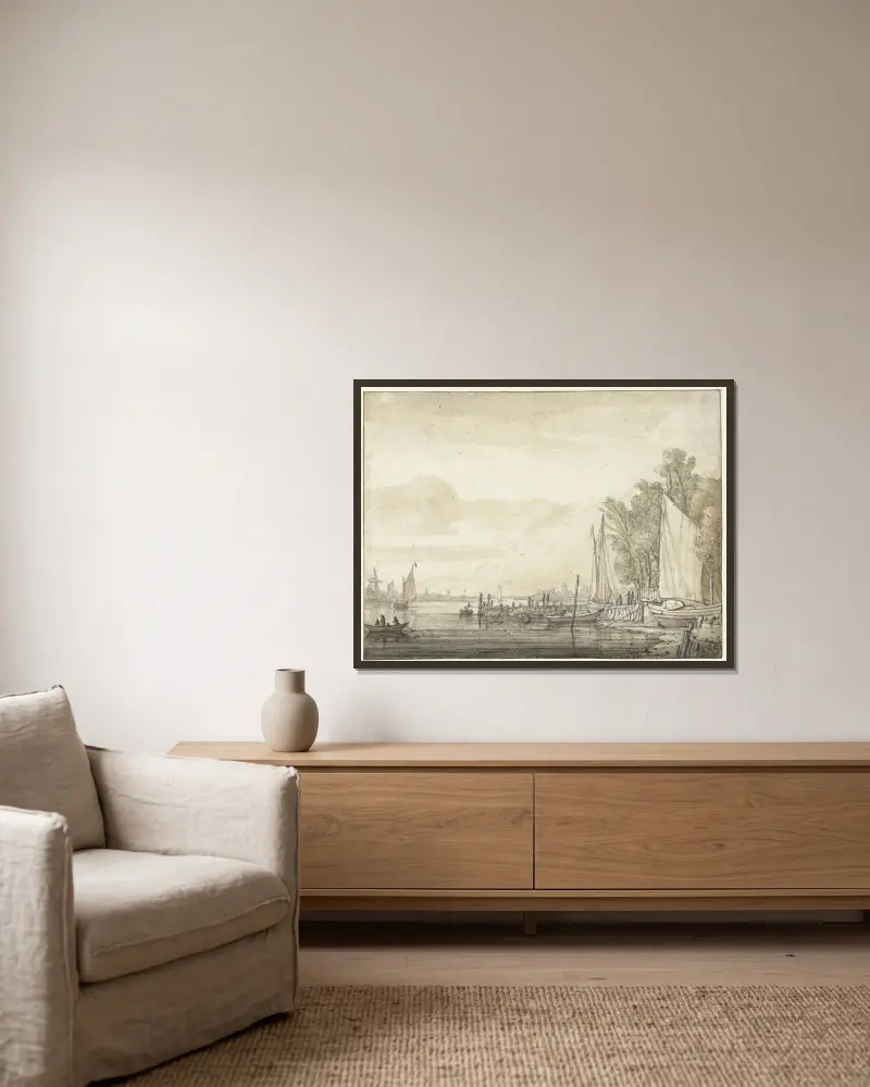 Boot an einem Steg in einem Fluss von Aelbert Cuyp gerahmt an einer Wand