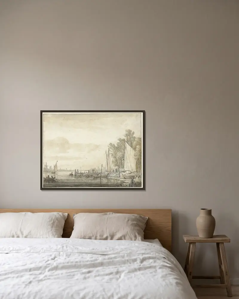 Boot an einem Steg in einem Fluss von Aelbert Cuyp gerahmt an einer Wand