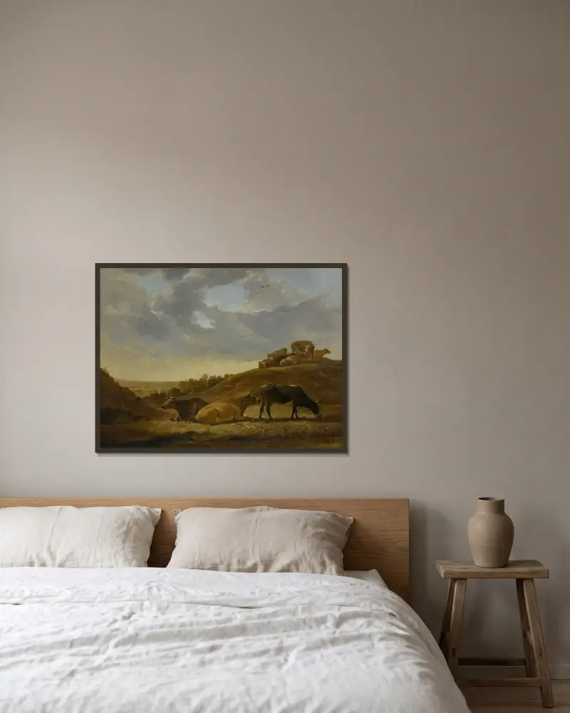Boskap i ett nederländskt arkadiskt landskap av Aelbert Cuyp inramad på en vägg
