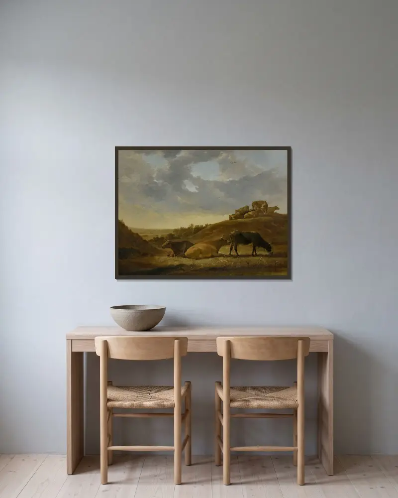 Boskap i ett nederländskt arkadiskt landskap av Aelbert Cuyp inramad på en vägg