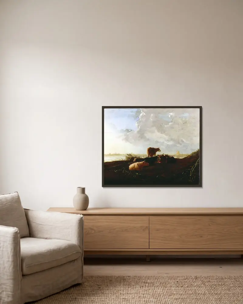 Kor nära en flod av Aelbert Cuyp inramad på en vägg