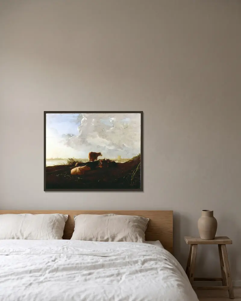 Kor nära en flod av Aelbert Cuyp inramad på en vägg