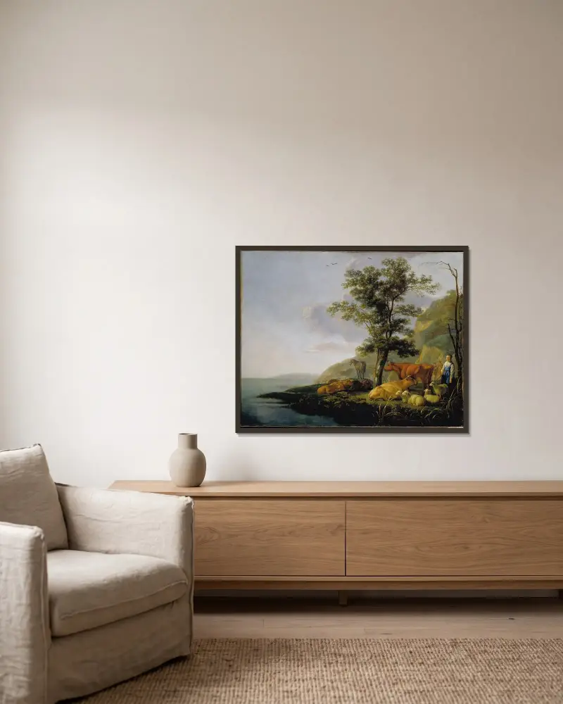 Boskap vid en flod av Aelbert Cuyp inramad på en vägg