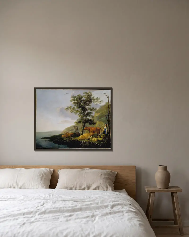 Boskap vid en flod av Aelbert Cuyp inramad på en vägg
