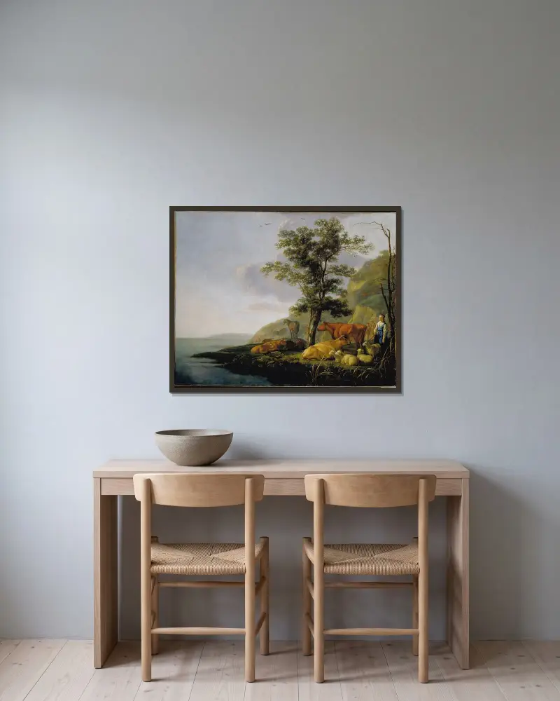 Boskap vid en flod av Aelbert Cuyp inramad på en vägg