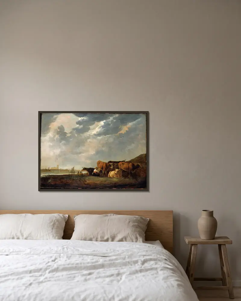 Boskap nära Maas, med Dordrecht i fjärran av Aelbert Cuyp inramad på en vägg